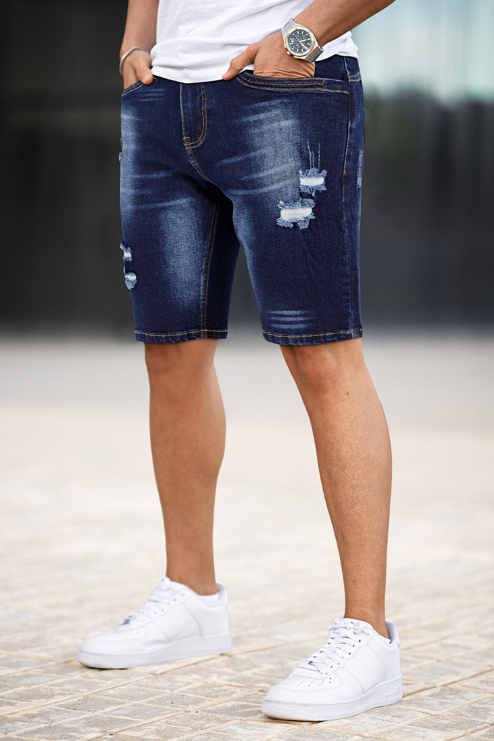 Men's Denim Short - Ripped And Dark Blue