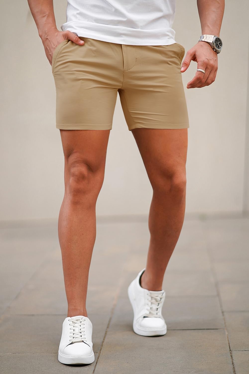 Mens Light Khaki Stretch Chino Short