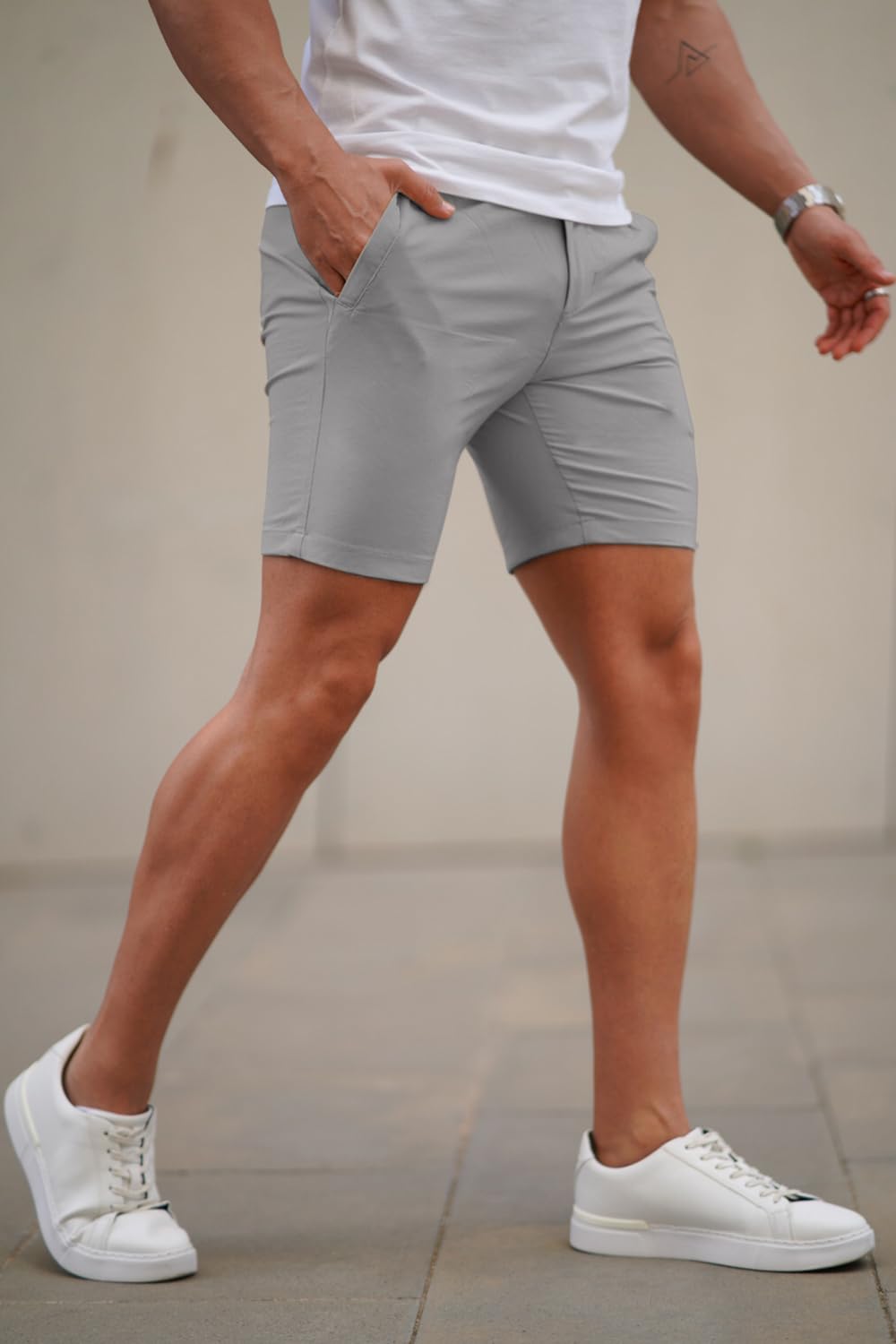 Mens Light Grey Stretch Chino Short